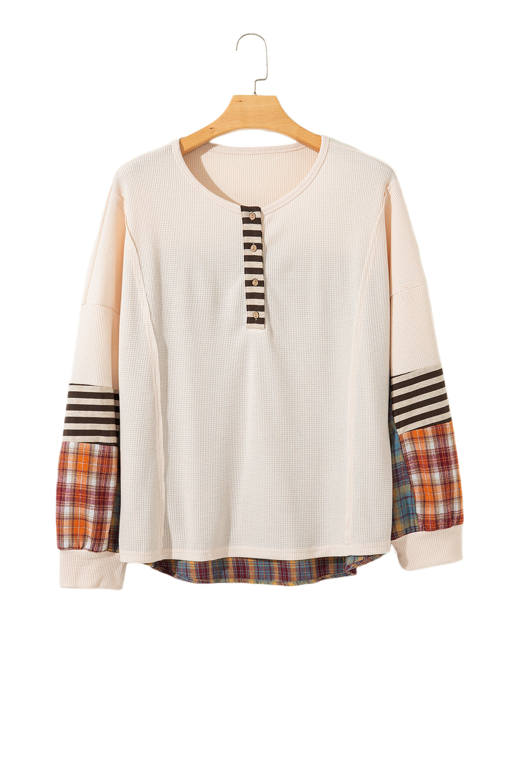 Parchment Plus Size Waffle Striped Plaid Patchwork Henley Pullover