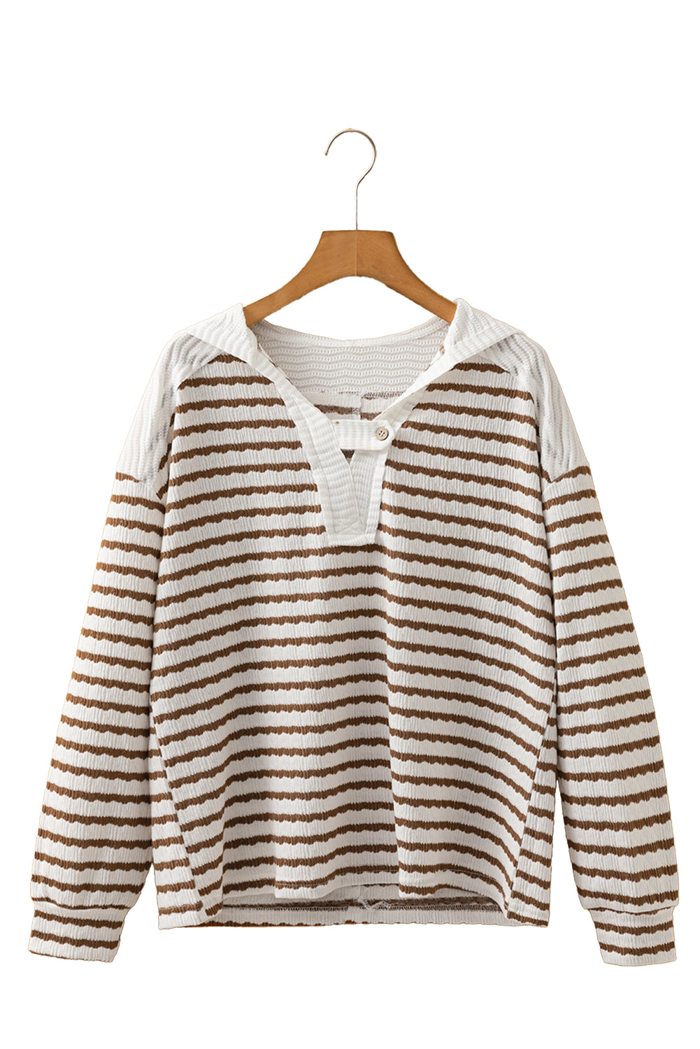 Khaki Stripe Textured Hooded Long Sleeve Top