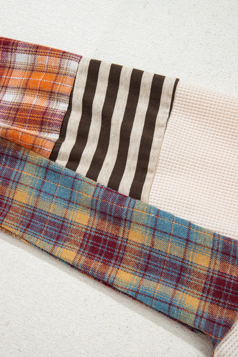 Parchment Plus Size Waffle Striped Plaid Patchwork Henley Pullover