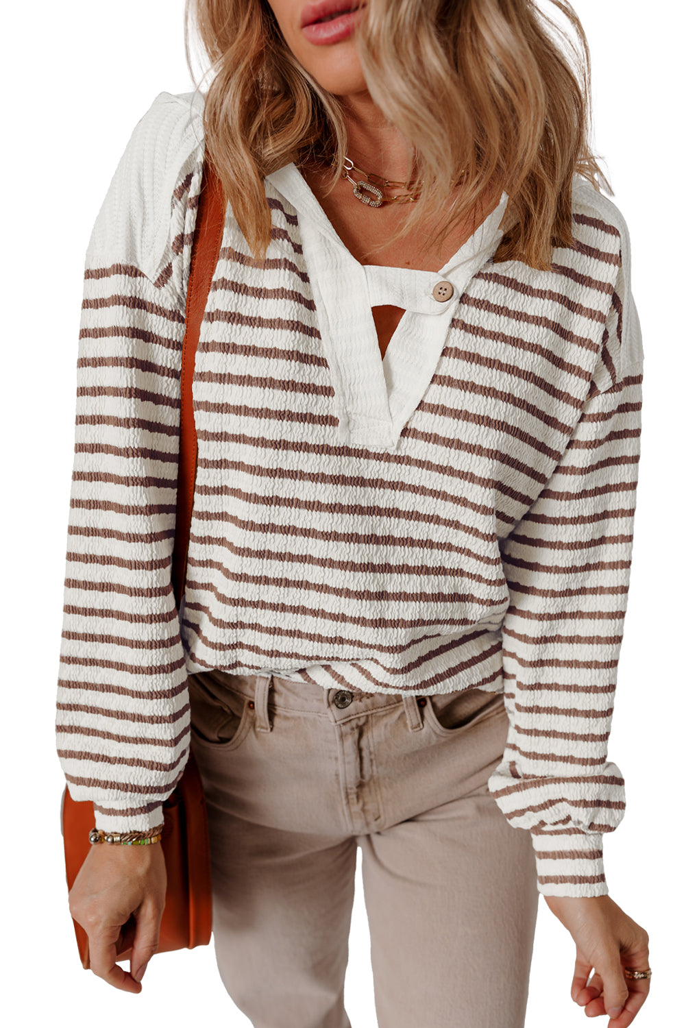 Khaki Stripe Textured Hooded Long Sleeve Top
