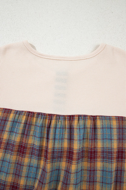 Parchment Plus Size Waffle Striped Plaid Patchwork Henley Pullover