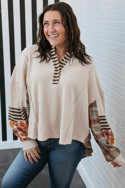 Parchment Plus Size Waffle Striped Plaid Patchwork Henley Pullover