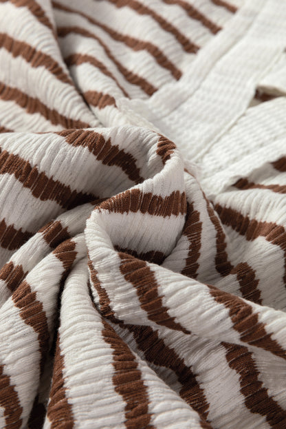 Khaki Stripe Textured Hooded Long Sleeve Top