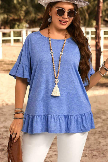 Dusk Blue Ruffle Hem Plus Size Flowy Blouse